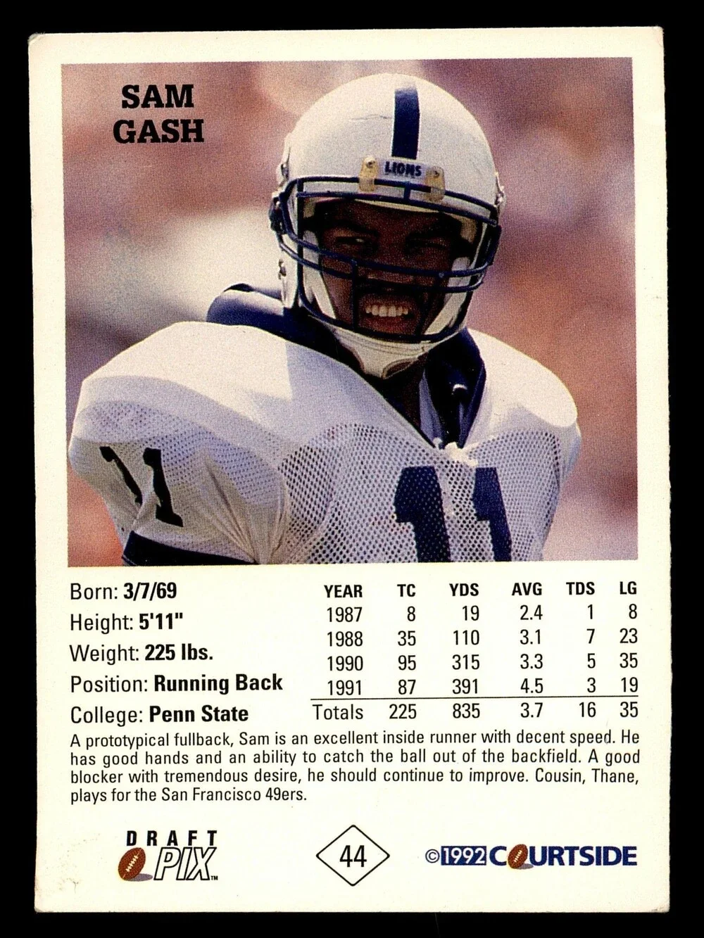 1992 Courtside Draft Pix #44 Sam Gash Football Card